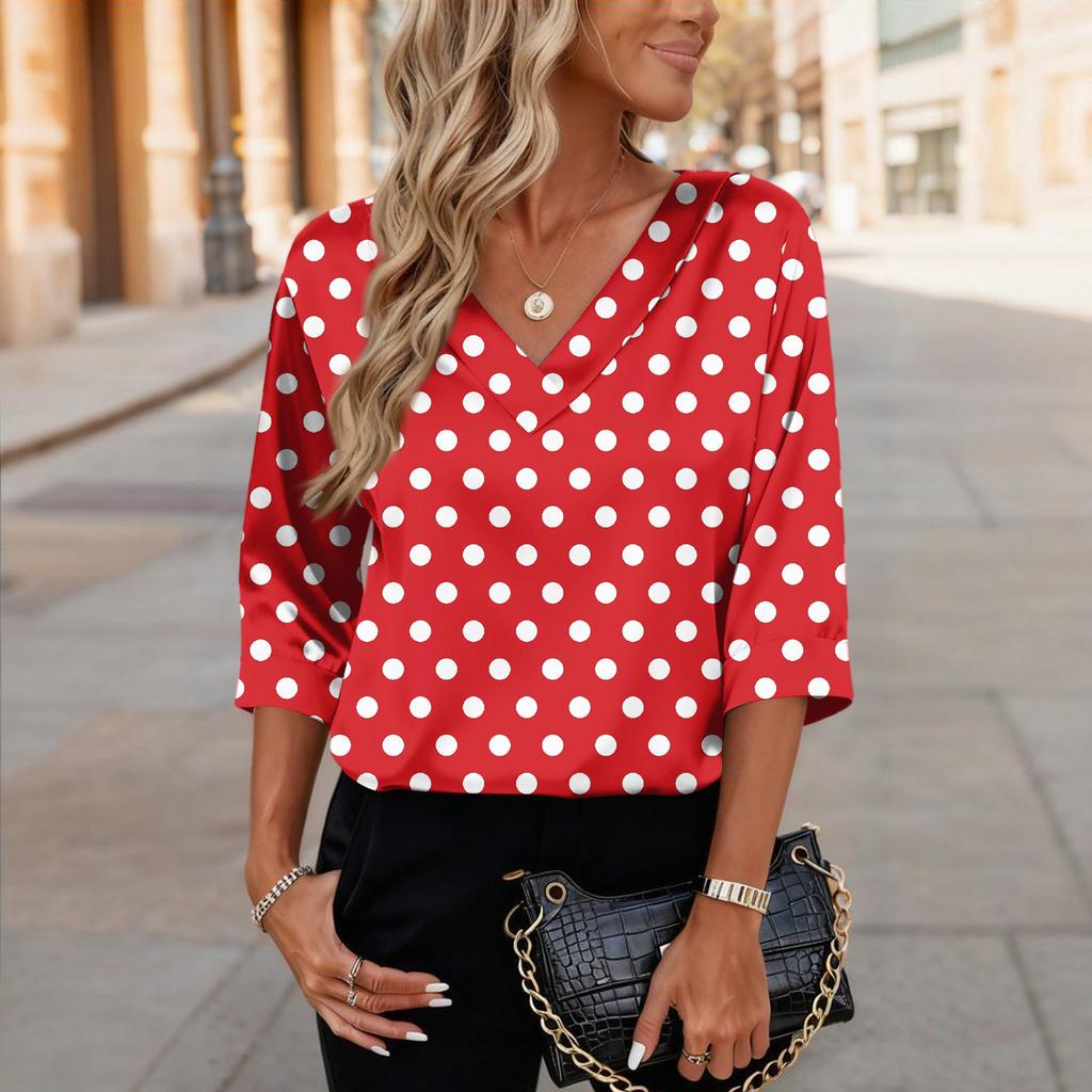 Womens 3/4 Length Sleeves Shirts V-Neck Satin Loose Dressy Trendy T-Shirt Pullover Blouse Tops