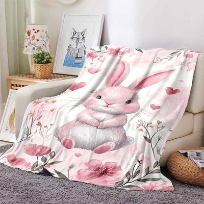 1pc Rabbit Flowers Blanket Lightweight Flannel Throw for Sofa Bed Travel Camping Livingroom Office Couch Chair