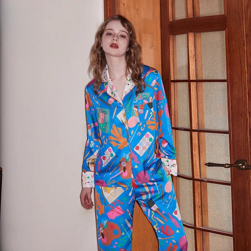 Comfortable Ice Silk Pajamas Women's Lapel Spring and Summer Long Sleeve Home Suit