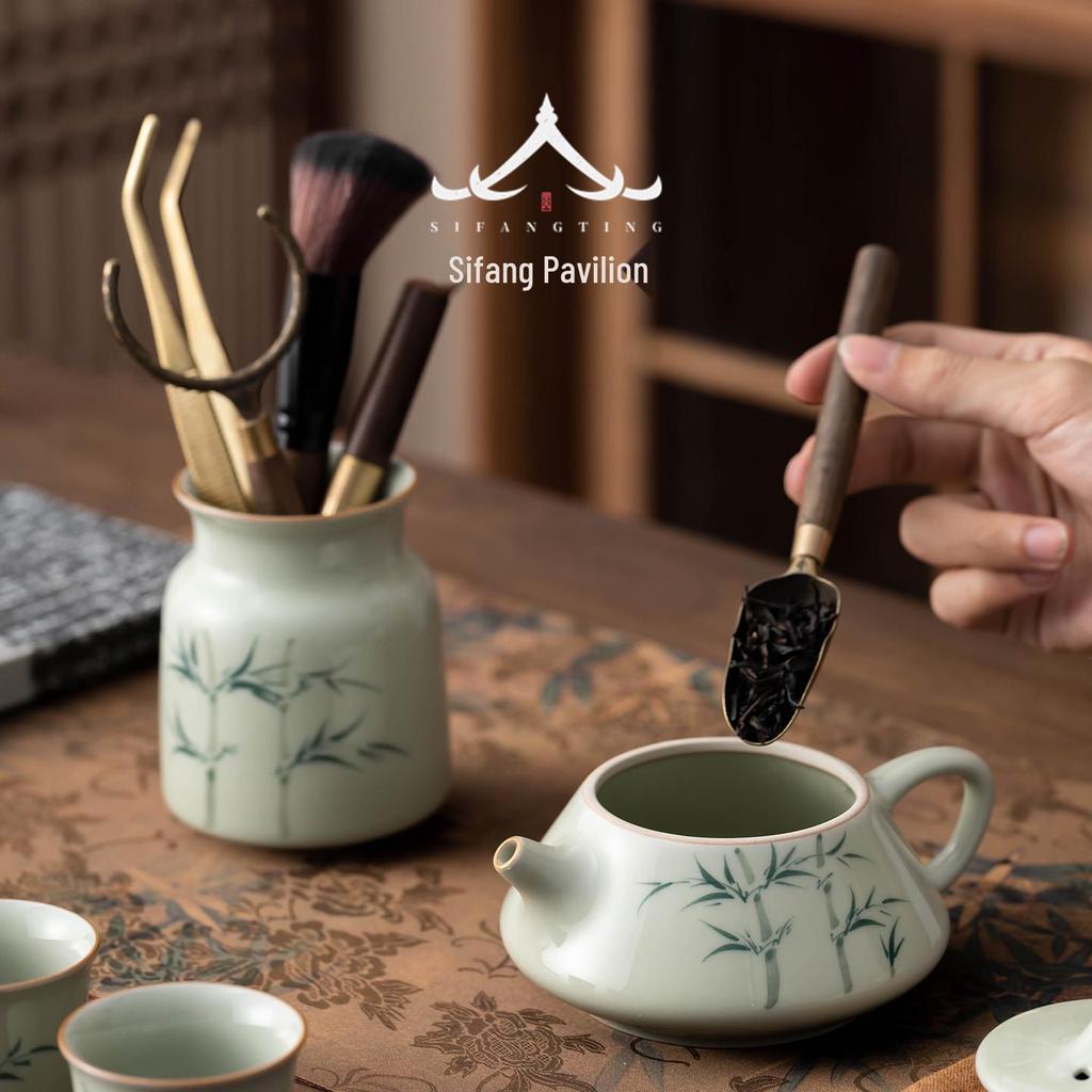 Hand-painted Kung Fu Tea Set: Complete Tea Ceremony Six Gentlemen Tools & Tea Stand Ornaments.
