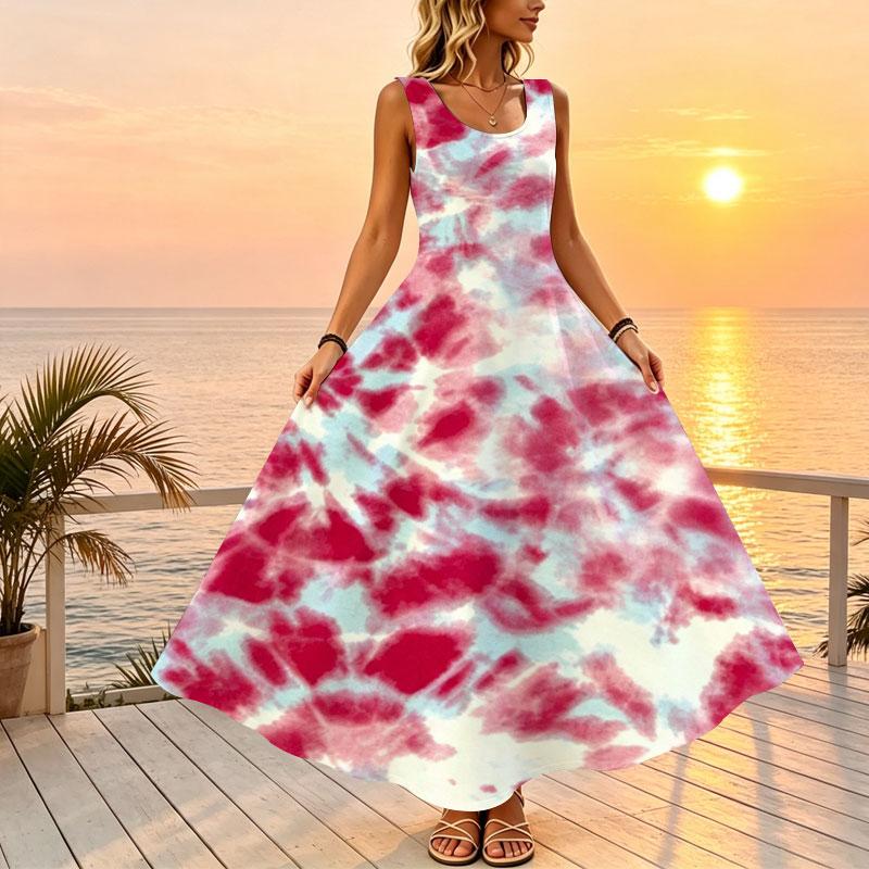 U-Neck Sleeveless Tie-Dye Long Dress Loose Fit Soft Casual Dress with Fresh Colors for Beach Vacation & Daily Wear,Versatile Spring Fall Fashion Dress