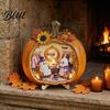 Handmade Wooden Halloween Art Ghost Pumpkin Tabletop Sign House with Mini Tiered Stacked Crafts Scene Fall Harvest Desktop Ornament for Home Office