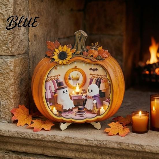 Handmade Wooden Halloween Art Ghost Pumpkin Tabletop Sign House with Mini Tiered Stacked Crafts Scene Fall Harvest Desktop Ornament for Home Office