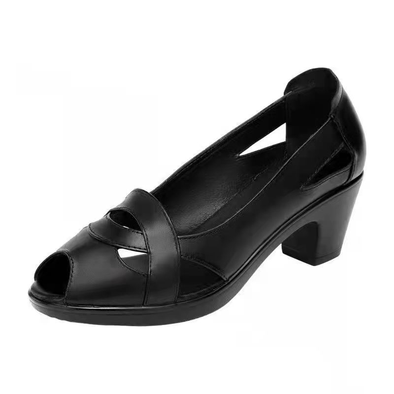 2024 Women's Summer Fashion Sandals Comfortable Hollow Fish Mouth Design with Middle Thick Heels True Soft Leather Flats