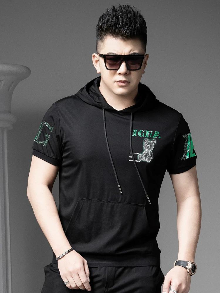 European Style High-End Men's Short-Sleeve T-Shirt 2025 Summer New Trendy Bear Print Hooded Half-Sleeve Sweatshirt