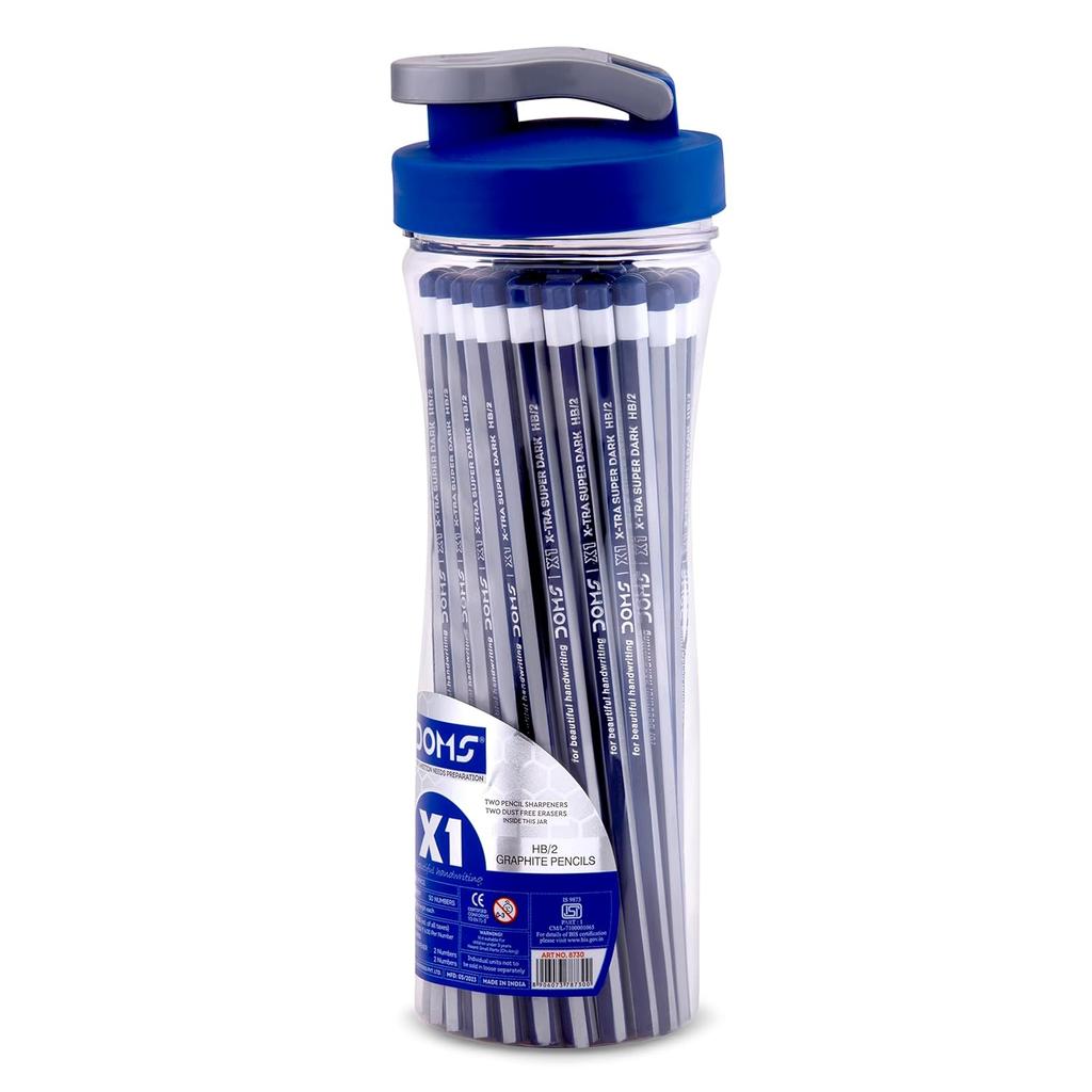 DOMS X1 Pencil Set 50 Pcs HB/2 Extra Super Dark Graphite Pencils With Erasers, Sharpeners & Reusable Sipper for School