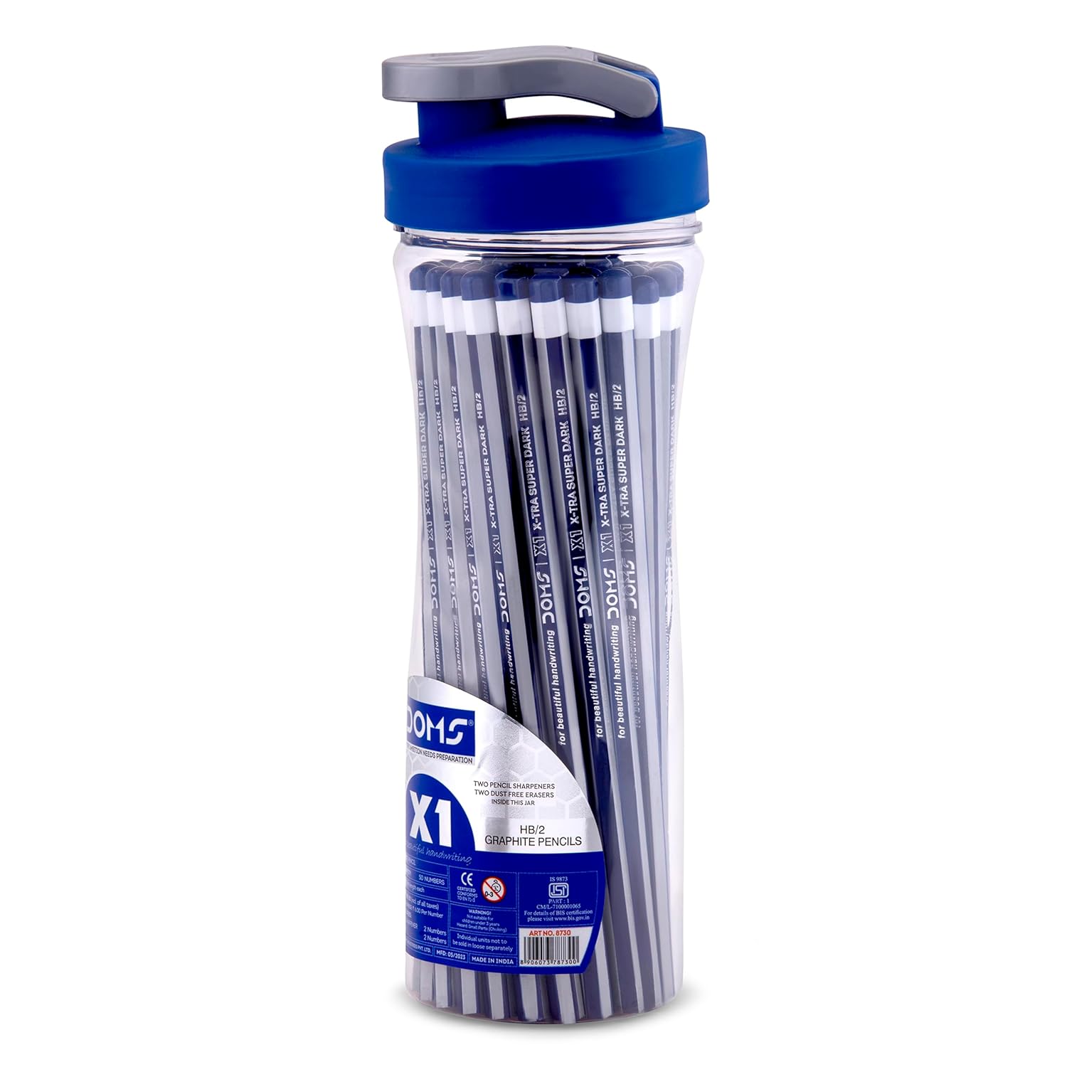 

DOMS X1 Pencil Set 50 Pcs HB/2 Extra Super Dark Graphite Pencils With Erasers, Sharpeners & Reusable Sipper for School