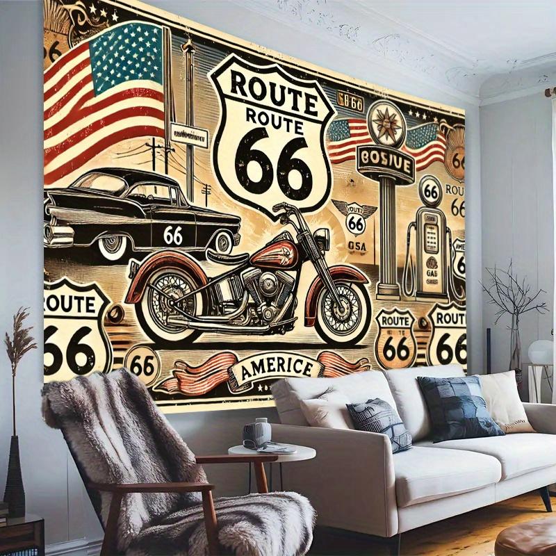 1pc Retro Route 66 Motorcycle Polyester Background Fabric - Retro American design, suitable for party decoration