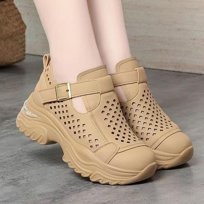 Damen Echte Leder Baotou Ausgeschnittene Keilsandalen Sommer Neu Dicke Sohle Leicht Atmungsaktiv Wasserdicht Lässige Sportsandalen