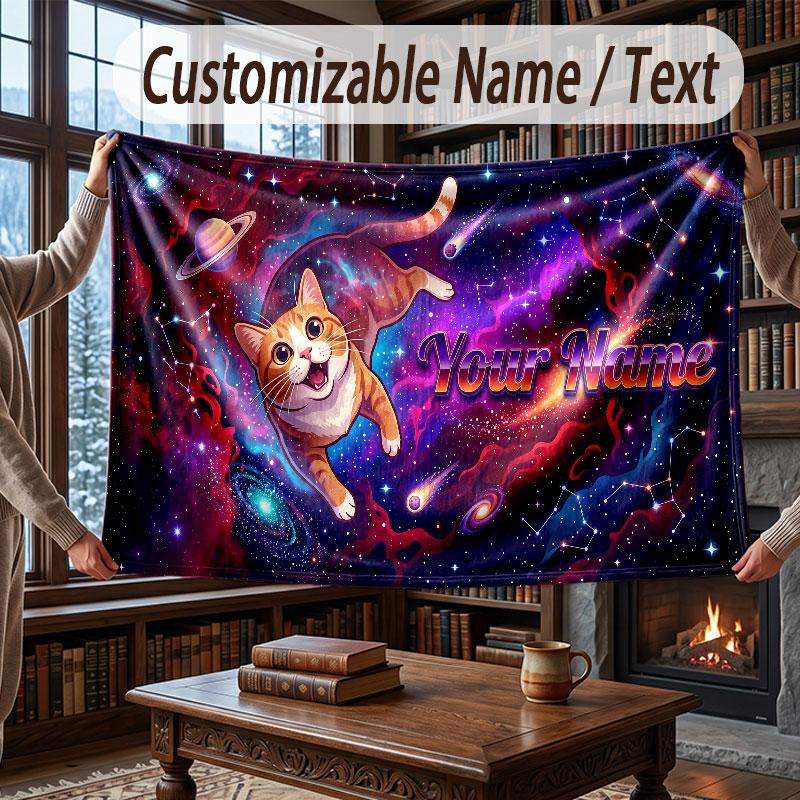 Cat Theme Throw Blanket Custom Name Text Personalized Blanket Soft Cozy Blanket for Home Sofa Bed