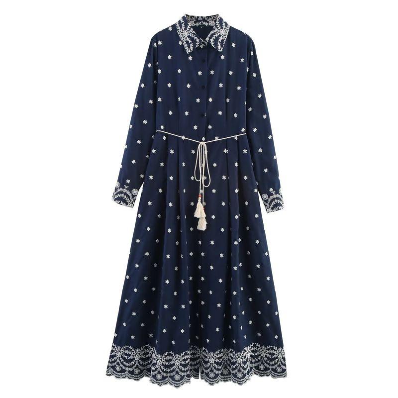 

Kaslead New Women clothes Western Style Fashion Simple Belt Shirt Embroidery Long dress Picture Color L