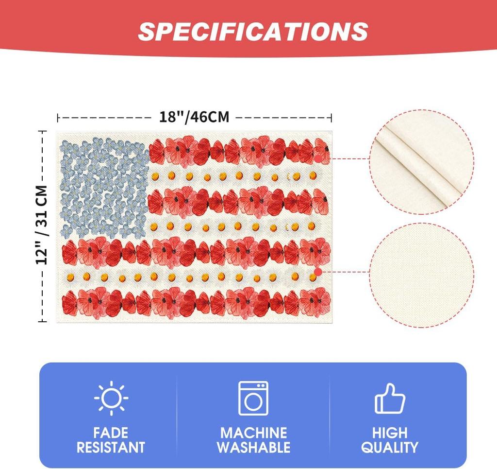 American Flag Flowers 4th of July Placemats Set of 4, 12x18 Inch Patriotic Memorial Day Table Mats for Party Kitchen Dining Decoration
