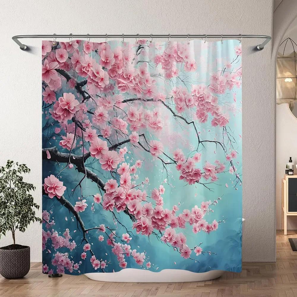 Japanese Cherry Blossom Watercolour Print Shower Curtain Koi Waves Chinese Ink Painting Polyester Shower Curtains Bathroom Decor