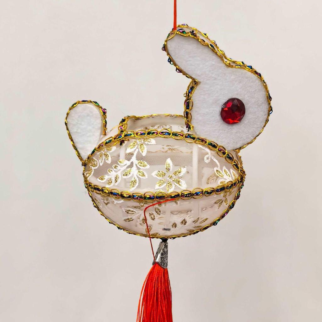 Mini Chinese New Year Rabbit Lantern: Colorful Handheld Ancient Style Fabric Lantern with Electronic Light-Up