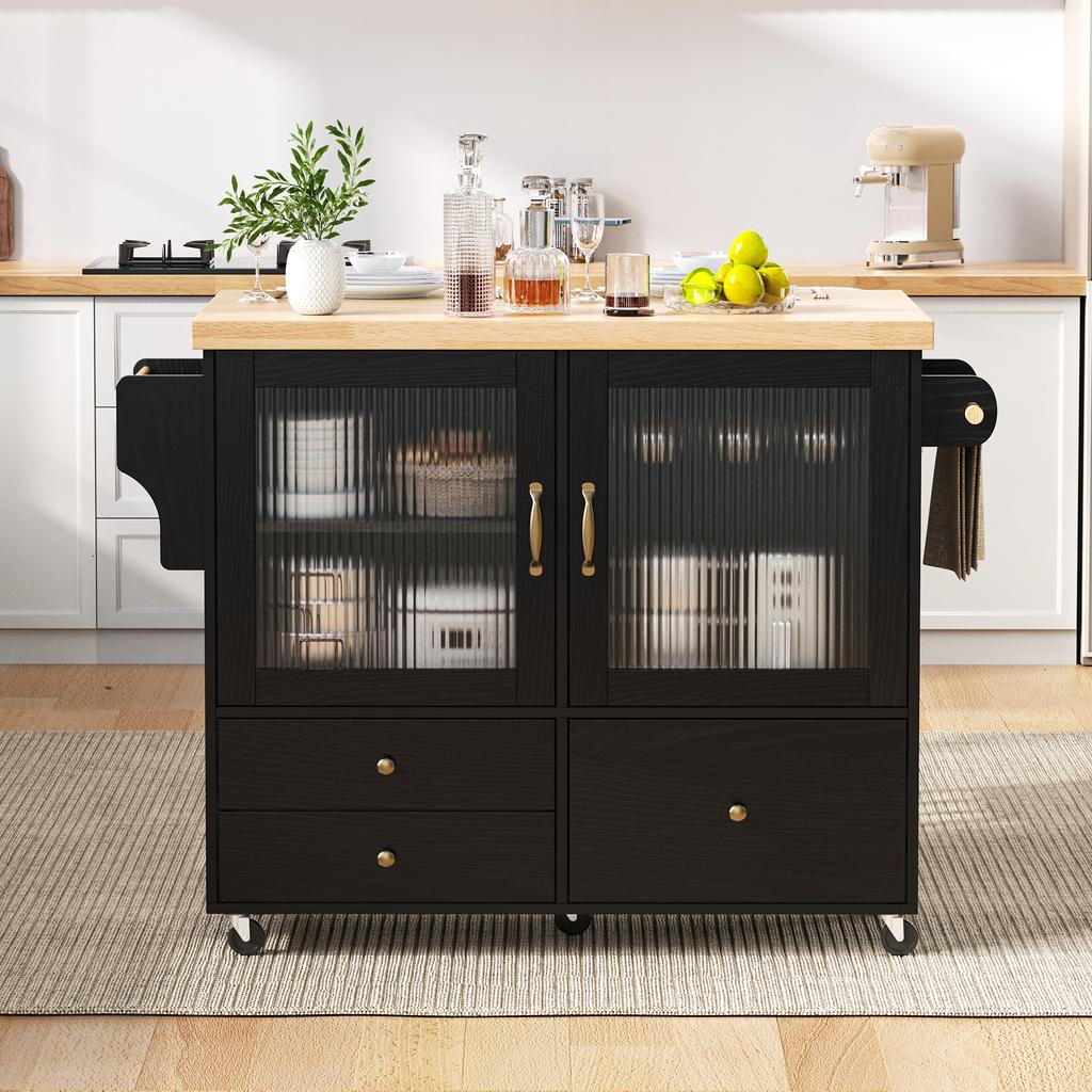 Mobiel keukeneiland met wielen en uitschuifbare eettafel, keukentrolley met wijnglashouder en opbergruimte, voor keuken en eetkamer (Zwart)