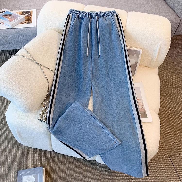 Dam Preppy Stil Patchwork Kontrast Denim Set Ståkrage Dragkedja Jackor Kappor Elastiska Jeans 2-Dels Kostym Streetwear Komfort