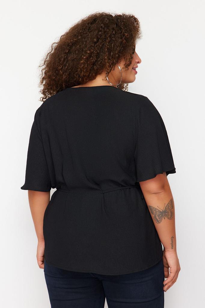 Women's Fashion Red Woven V-Neck Tie Blouse