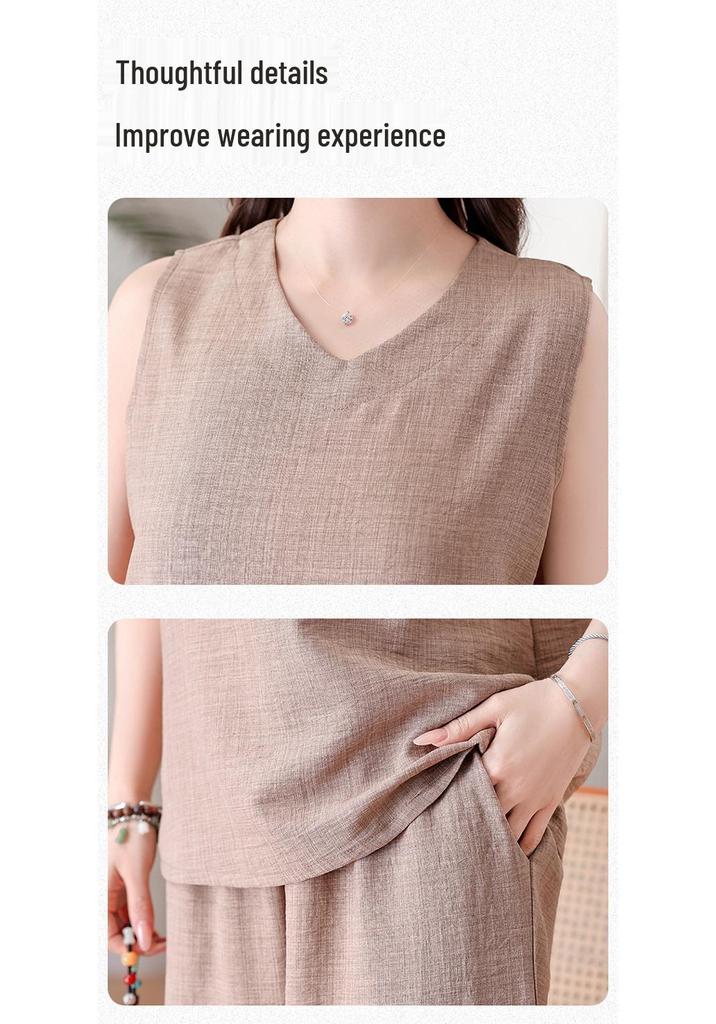Set Pigiama Estivo Senza Maniche Taglie Forti da Donna – Elegante Pantalone a Gamba Larga Monocolore per Madri di Mezza Età