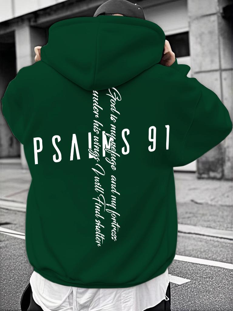 Urban Outdoor Men Hip Hop Sports Pullover Psalms 91 Vertical Cursive Text Back Design Comfort Loose Hooded Top