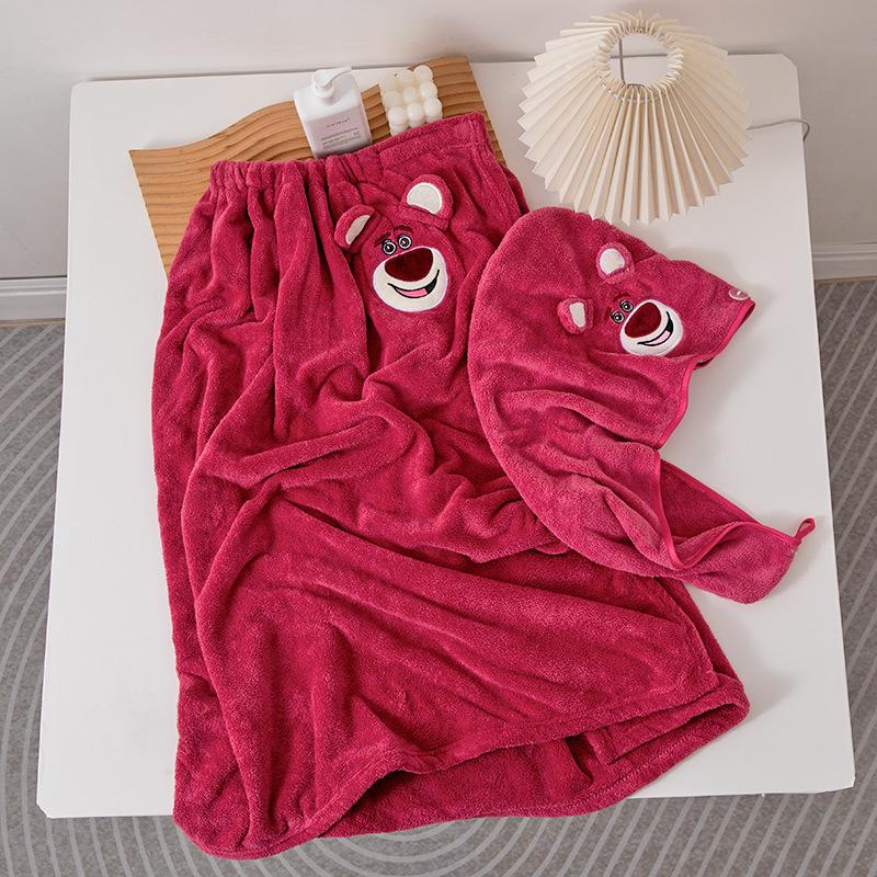 Strawberry Bear Coral Fleece Bath Set: Towel, Bathrobe, Hair Drying Cap - Soft & Absorbent.