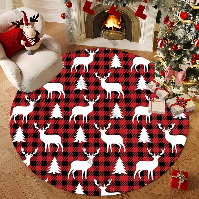 Cute Christmas Deer Round Carpet for Kid's Living Room Picnic, Anti-Slip Rug, Yoga Rug Doormat Floor All Seasons Red Mat Gifts