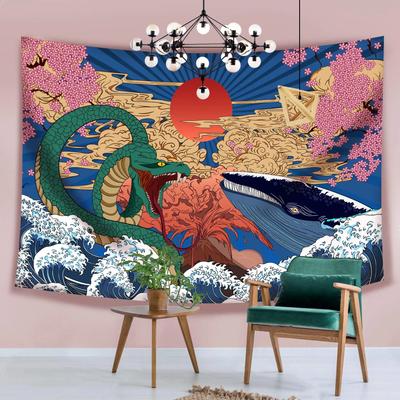 Japanese Tapestry Wall Hanging Anime Tapestry Trippy Whale Snake Wall Art Ukiyo-E Ocean Wave Sun Wall Tapestry Room Decoration