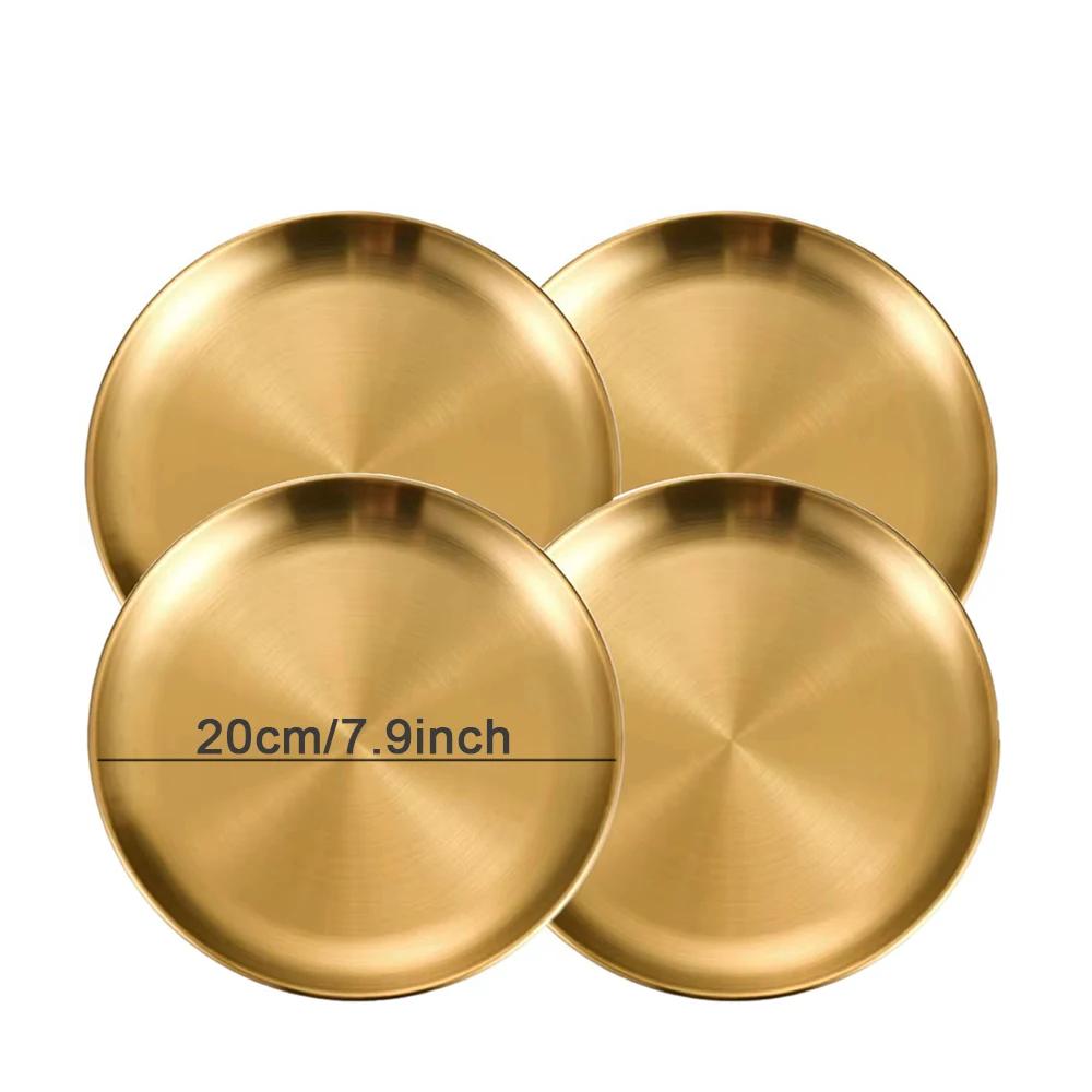 4PC Metal Dining Dish Stainless Steel Round Plate Shallow Tray BBQ Picnic Camping Food Container Tableware Dessert Plate Kitchen