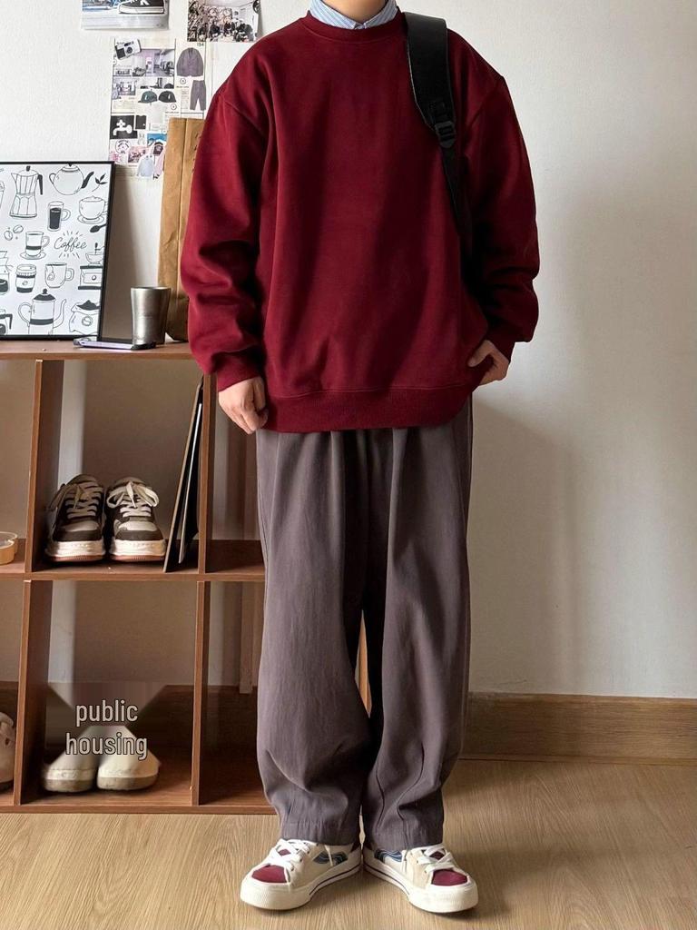 Unisex Wine Red Thick Warm Round Neck Long Sleeve Hoodie