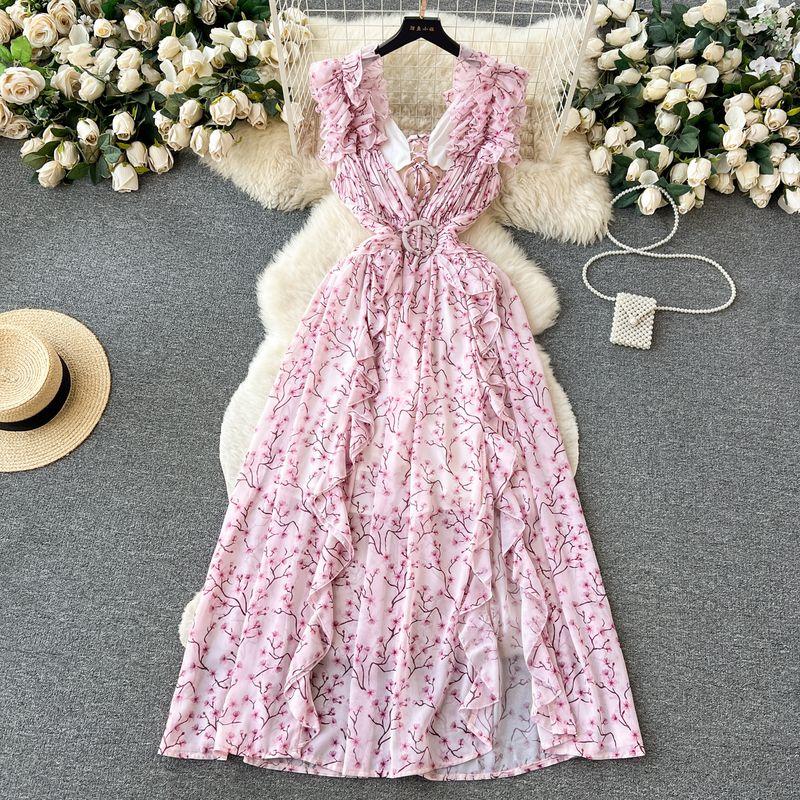 

Summer New Arrival Sweet Heavy-Duty Pleated Chiffon Dress Pink M