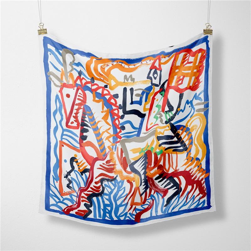 Twill Silk Scarf Woman Horse Floral Print Square Scarves Wraps Bandana Small Hijabs Foulards Lady Tie Headband Neckerchief 53CM