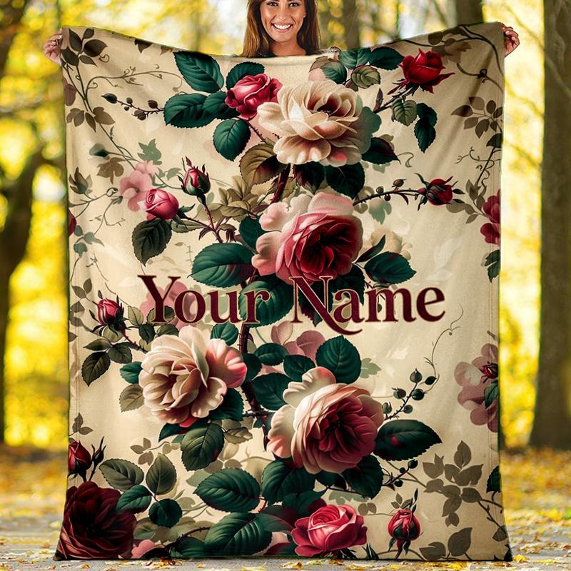 Custom Name Vintage floral roses. Flannel Fleece Blanket Cozy Warm Throw Blanket For Couch Bed Travel All Season Use