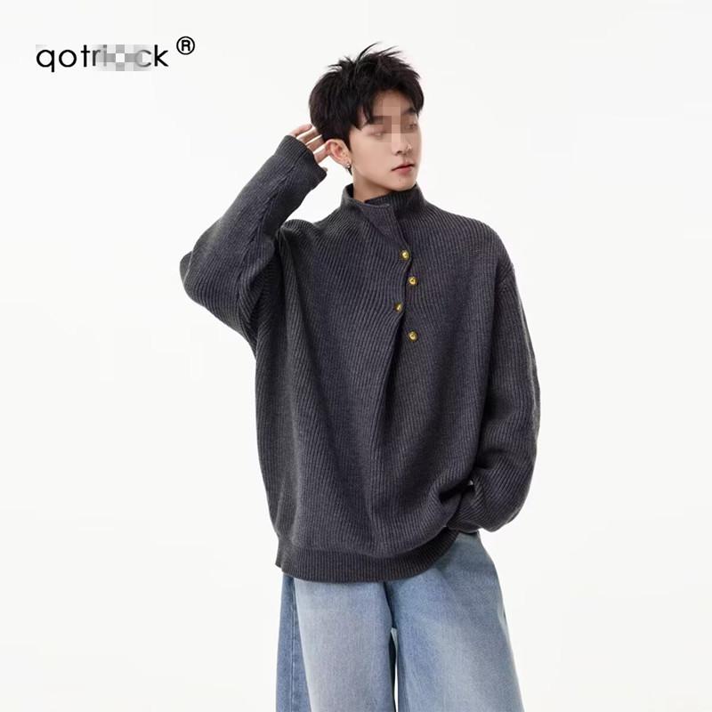 

Men s Korean Style Trendy High Neck Sweater with Irregular Button Design - Autumn/Winter Knitwear XL темно-серого