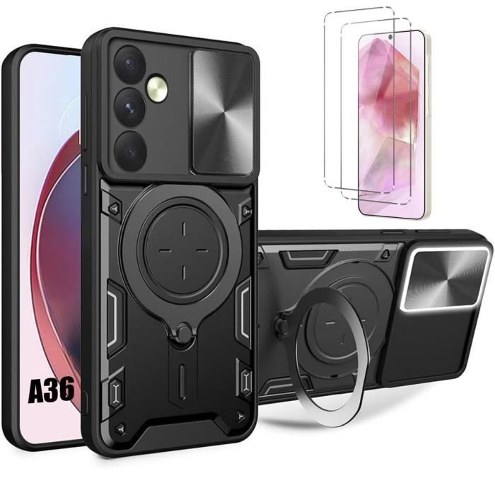 Coque pour Samsung Galaxy A36 avec 2 Verres Trempés, Coque avec Cache Caméra et Anneau Support Noir