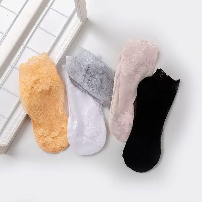 5 Pairs of Women's Summer Thin Lace Edge Mid-tube Boat Socks, Hollow and Breathable Leaf Pattern Mesh Anti-skid Design