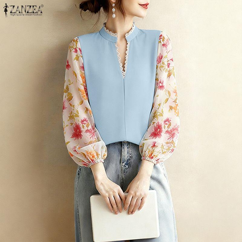 ZANZEA Women Casual V-Neck Floral Print Splice Long Sleeve Blouse