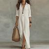 Rochie lungă de vară cu guler răsucit și nasturi, cu mânecă lungă, pentru femei, casual, largă, cu crăpătură, rochie de plajă pentru vacanță, rochii maxi albe, boho