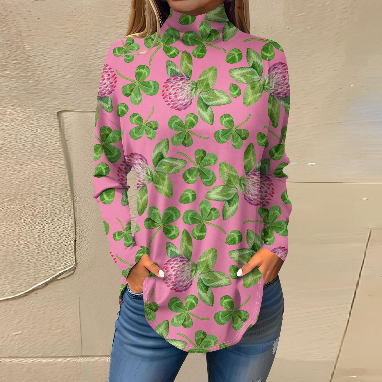 

Футболки для женщин, осенние повседневные рубашки с длинным рукавом, толстовка с принтом, топ с высоким воротом, пуловер St.. День Патрика XXXL розовый