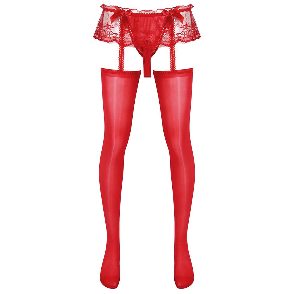Mens Exotic Sheer Lace Briefs with Stocks Cutout Pantyhose Bulge Pouch G-Strings Glossy Garters Leggings Sissy Nightwears Party