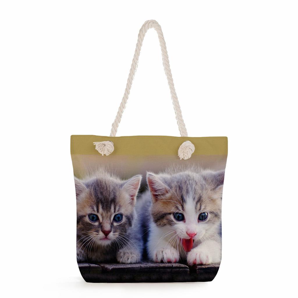 Cat Print Thick Rope Single-shoulder Beach Bag 7266 KTB