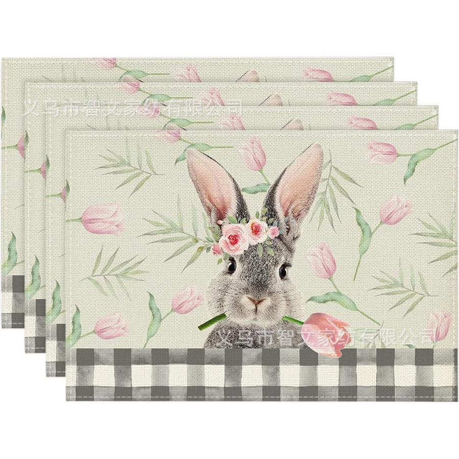 Bunny Rabbits Flower Happy Easter Placemats Seasonal Spring Table Mats for Party Kitchen Dining