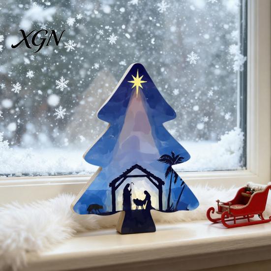 Festive Home Decor Accents Colorful Christmas Tree Tabletop Decor, Wooden Plaid Patterned Xmas Signs with Small Party Favors Merry Greetings,
