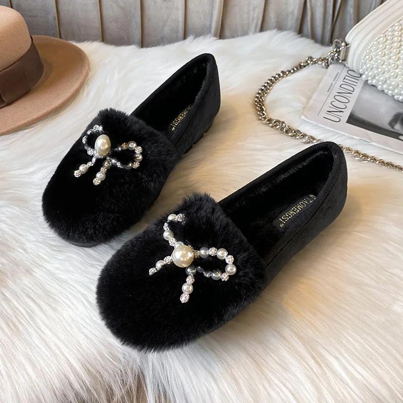Fashion Thick Sole Round Toe Warm Plus Velvet Cotton Shoes Women Fashion Bow Tie Anti-slip Pearls Loafers Plus Size  Zapatillas 2025