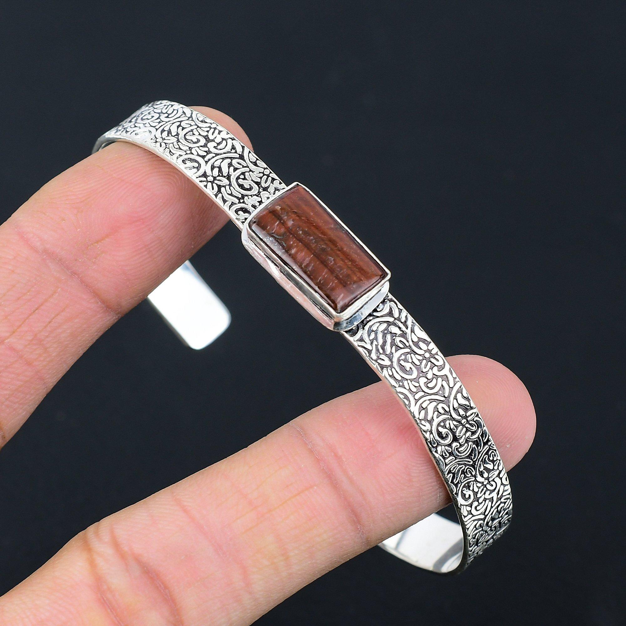 

Gift For Women Bangle Adjustable 925 Sterling Silver Natural Tiger Eye Gemstone Adjustable