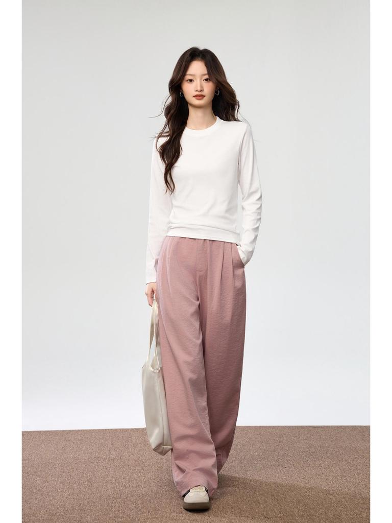 Damski Luźny Bawełniany T-shirt z Długim Rękawem w Kolorze Różowym, Półwysoki Okrągły Dekolt