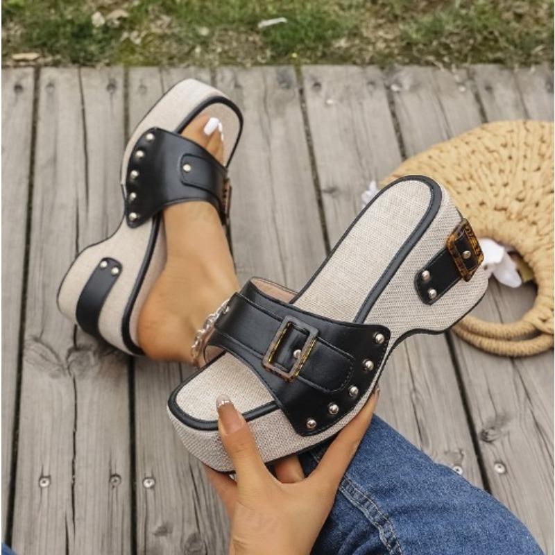 Mode Damen Sandalen Keilabsatz Hoher Absatz Mode Nieten Sommer Strand Hausschuhe Damen Elegant Sommer 2025 Dicke Plateausohle Lässige Sandalen