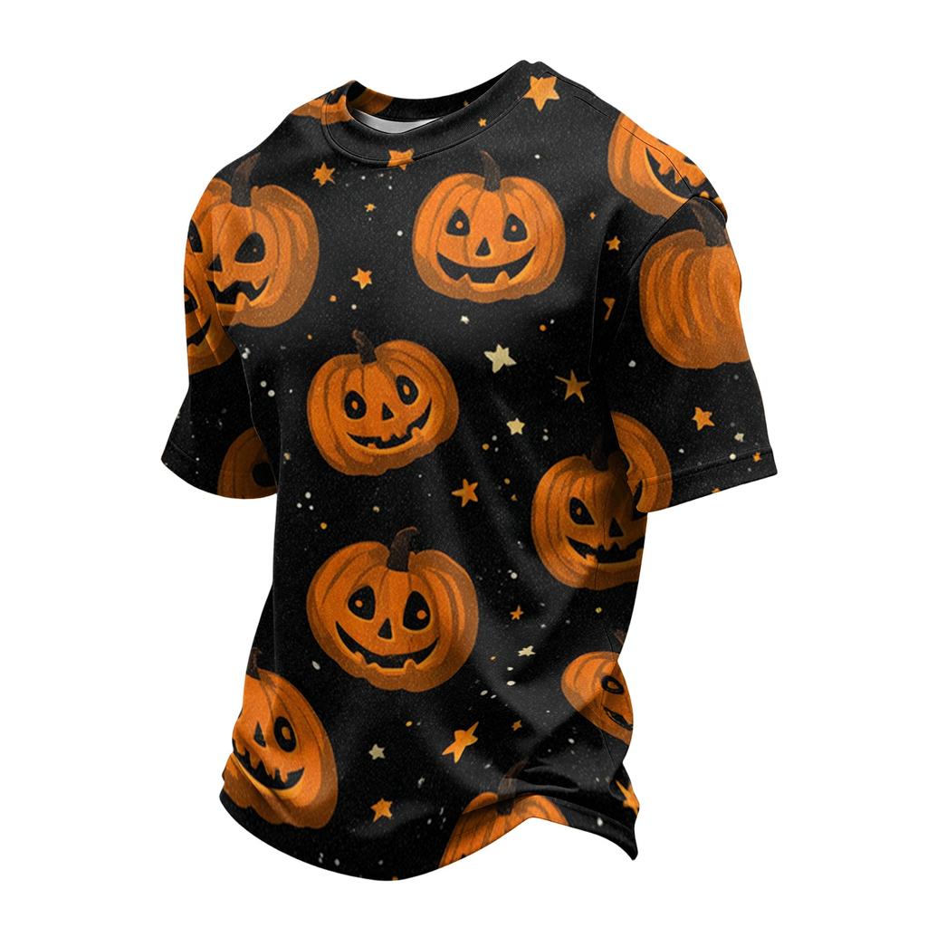 Men's Casual Short Sleeve T-Shirt Lightweight Breathable Fabric Crew Neck Halloween Pumpkin Pattern Printed Top