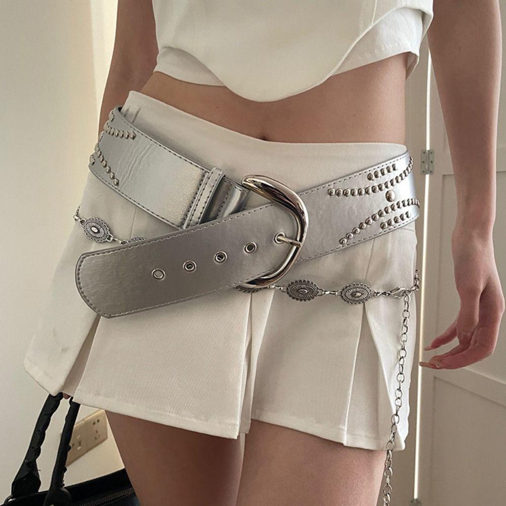 Y2K Wide Belt Silver PU Leather Waistbands Vintage Rivet Waist Belt  Jeans