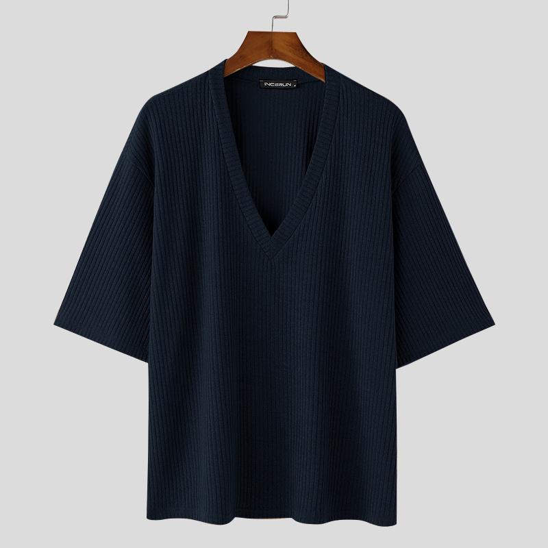 

INCERUN Мужские трикотажные повседневные топы с глубоким V-образным вырезом и длинным рукавом темно-синий