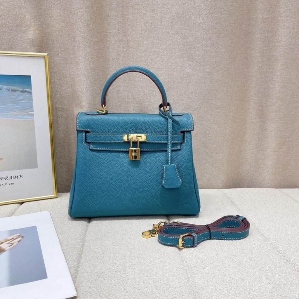 2026 new first-layer cowhide soft leather fine lychee pattern leather inner seam Kelly bag genuine leather women's bag portable messenger bag