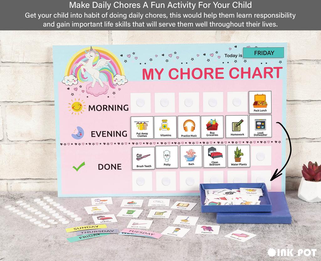 Inkdotpot Kids Daily Responsibility Checklist, to-Do List- Daily Routine- Chore Chart- Morning/Evening Checklist